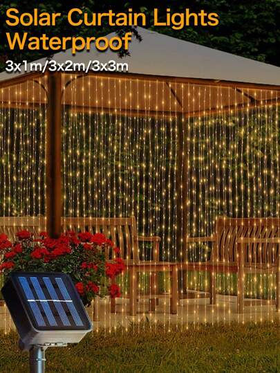 قطعة واحدة من إضاءة ستائر شمسية LED ذات 8 أنماط للنوافذ والخارجية مقاومة للماء، سلسلة أنوار جنية للزفاف والفناء والحفلات والسلالم وديكور المنزل