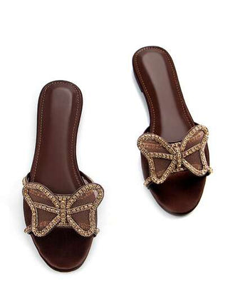 نساء ، لامع بالكامل كريستال جوف شبكة بفراشة ديكور ، بني ، شيفون ،فاشن ، رأس دائري ،مريح ،شبشب مسطح ، مناسب للارتداء اليومي وحفلات