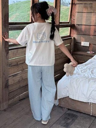 بيجاما DAZY HELLO KITTY | DAZY طقم بنات المراهقات للخريف - تيشيرت برقبة مستديرة مترابطة بأكمام قصيرة + بنطلون مخطط منسوج، للربيع/الصيف