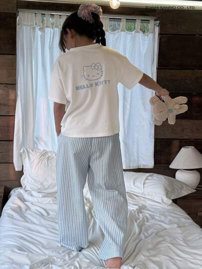 بيجاما DAZY HELLO KITTY | DAZY طقم بنات المراهقات للخريف - تيشيرت برقبة مستديرة مترابطة بأكمام قصيرة + بنطلون مخطط منسوج، للربيع/الصيف