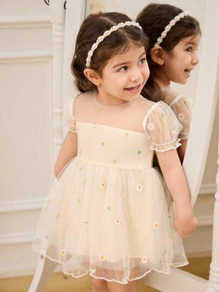 فساتين بيبي Glamorique Kids فستان حفلة الربيع/الصيف للرضع والأطفال الصغار بياقة مستديرة مزين بطرز الأقحوان ونحني كبير قابل للإزالة، ديكور