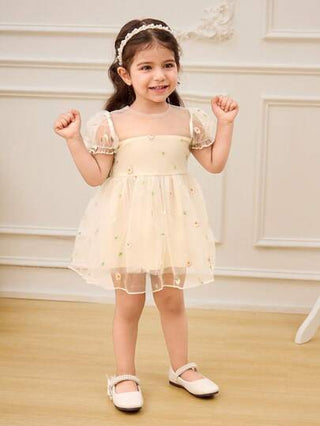 فساتين بيبي Glamorique Kids فستان حفلة الربيع/الصيف للرضع والأطفال الصغار بياقة مستديرة مزين بطرز الأقحوان ونحني كبير قابل للإزالة، ديكور