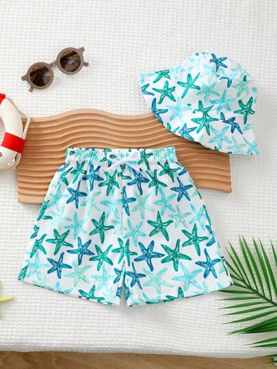 مايوه أولادي بدلة سباحة مع شورت للأطفال الصبيان بنقشة نجوم البحر، ملابس صيفية عادية