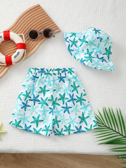 مايوه أولادي بدلة سباحة مع شورت للأطفال الصبيان بنقشة نجوم البحر، ملابس صيفية عادية