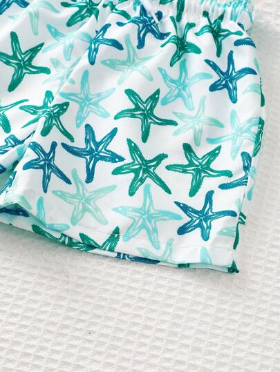 مايوه أولادي بدلة سباحة مع شورت للأطفال الصبيان بنقشة نجوم البحر، ملابس صيفية عادية