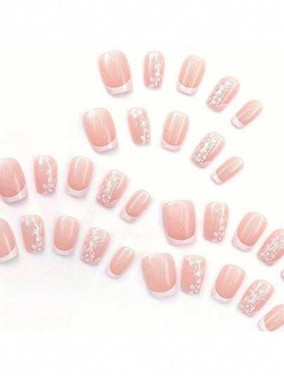 24 قطعة أظافر جميلة قصيرة بنقوش أزهار بيضاء لطيفة وحلوة، أظافر وهمية مستعدة للتركيب باستخدام غراء جيلي، مع مِلمعة أظافر