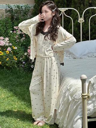 بيجاما DAZY طقم كامل لفتيات المراهقات 3 قطع: قميص جيرسي بطبعة فراشة + جاكيت كم طويل + بنطلون، مجموعة ملابس منزلية