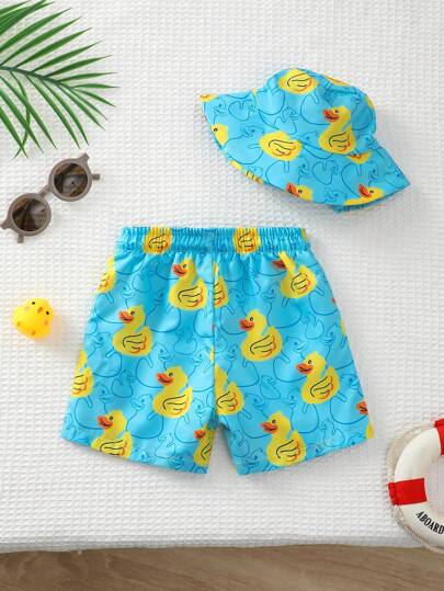 طقم ملابس السباحة (سروال وقبعة) للأولاد الرضع بطبعة بطة مع خصر مطاطي ومتعة جذب