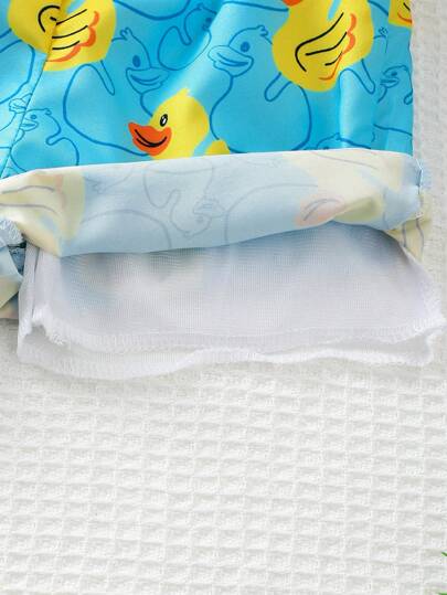 طقم ملابس السباحة (سروال وقبعة) للأولاد الرضع بطبعة بطة مع خصر مطاطي ومتعة جذب