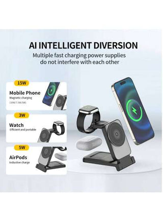 حامل شحن لاسلكي مغناطيسي قابل للطي3 في 1، محطة شحن لاسلكية متوافقة مع هواتف آيفون وجالاكسي وساعات آي واتش وال- ، مناسب للمكتب والحمام والمنزل