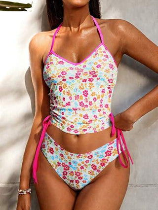 طقم تانكيني حريمي Swim Vcay ملابس علوية خزان مع مشد وزخرفة بنقوش زهرية مباينة للنساء للاستخدام في المايوه والشاطئ والرحلات، طراز طازج وجذاب