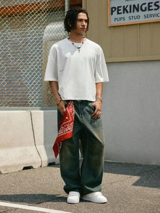 Manfinity Streetrush قميص T قصير رجالي فضفاض بتصميم بسيط وأنيق، قميص شارع رجالي بطباعة جرافيك حردش رياضي