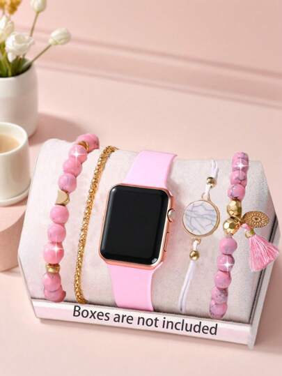 5/4/1 ساعة إلكترونية أنيقة وجميلة للفتيات بتصميم مربع، ساعة إلكترونية وردية حديثة للفتيات، طقم أساور فاخر، هدية عيد الأم، مناسبة لحفلات الهدايا، مستلزمات العطلات، تغليف الأمتعة السفر، أزياء العطلات، وشراء الهدايا لتقديمها للأصدقاء والأقارب