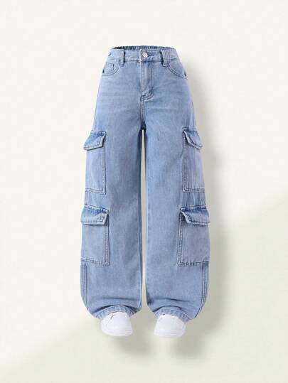 SHEIN Lunivi بناطيل جينز ركوب واسعة متعددة الجيوب معتقة باللون الأزرق الفاتح، ألبسة كاجوال وشارع مناسبة للمراهقات