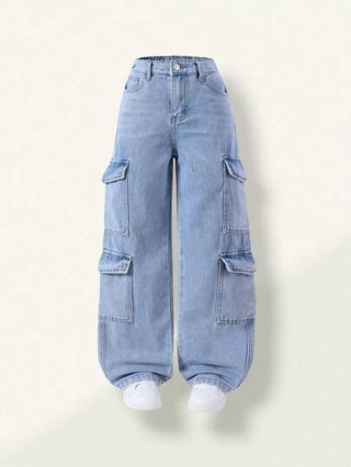 SHEIN Lunivi بناطيل جينز ركوب واسعة متعددة الجيوب معتقة باللون الأزرق الفاتح، ألبسة كاجوال وشارع مناسبة للمراهقات