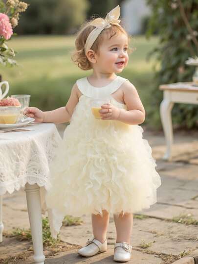 فساتين بيبي Souflis Souflis فستان كاجوال جميل للطفلة الرضيعة بطبعة منسوجة من النسخة الكورية، بياقة دائرية ومنطقة الحافة بتصميم متموج بدون أكمام وبطانة داخلية