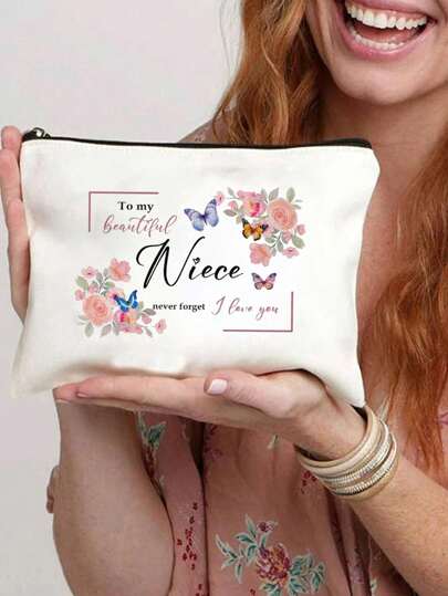 هدية العمة لابنة أختها - حقيبة مكياج مزينة بالأزهار والفراشات مع رسالة "إلى ابنتي الجميلة"، منظم للمستحضرات السفرية عالي الجودة، كيس مزين بسحاب للهدايا في المناسبات كالتخرج والعيد والميلاد من العمة، تصميم زخرفي نصي | حقيبة مستحضرات