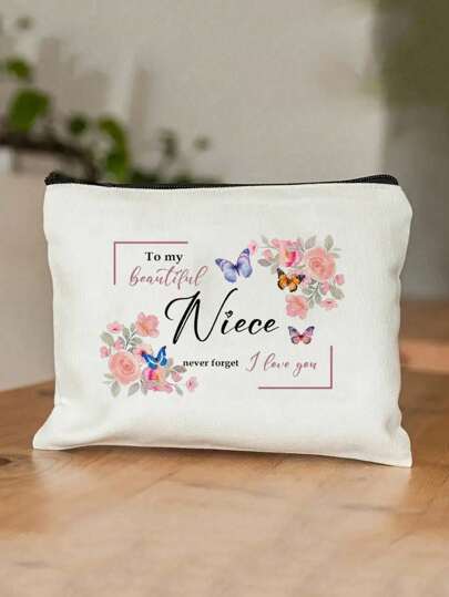 هدية العمة لابنة أختها - حقيبة مكياج مزينة بالأزهار والفراشات مع رسالة "إلى ابنتي الجميلة"، منظم للمستحضرات السفرية عالي الجودة، كيس مزين بسحاب للهدايا في المناسبات كالتخرج والعيد والميلاد من العمة، تصميم زخرفي نصي | حقيبة مستحضرات