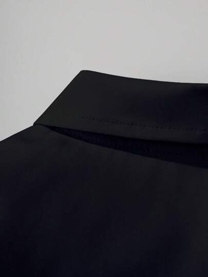 قميص كم قصير أسود سادة على الطراز الكلاسيكي الكاجوال للمراهقين الملائم للمناسبات الرسمية مثل حفلات المدرسة والعروض والحفلات الزفاف