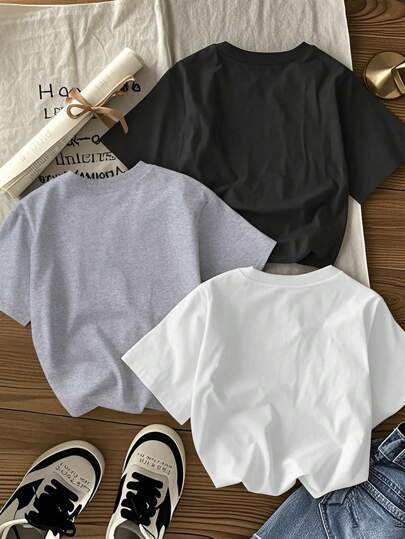 3 قطع/طقم للأولاد والمراهقين طلاب بطباعة عادية قصير الأكمام العنق الطاقم ، ملابس علوية صيفية