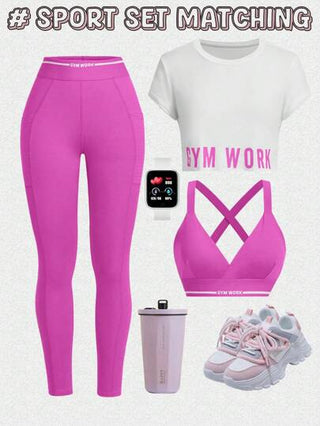 SHEIN Sport Studio طقم رياضي للنساء مكون من 3 قطع: ملابس علوية تيشرت بأكمام قصيرة مزينة بالرسومات والحروف، وتوب قصير وجينز ليجنز، مجموعة ملابس رياضية وكاجوال