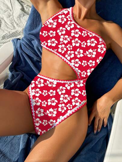 مايوه حريمي قطعة واحدة Swim بدلة سباحة واحدة الرقبة غير متماثلة مزخرفة بالزهور للنساء القsekxy