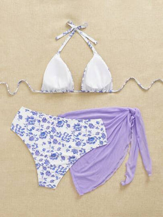 Swim Mod مجموعة سباحة مكونة من 3 قطع للنساء ذوات الحجم الكبير، بكسرات عنق وطباعة عشوائية