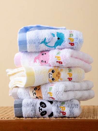 1/5 قطع مناشف قطنية صغيرة، مستطيلة ذات رسومات كرتونية جميلة، مطرزة بالحرف "سعيد"، بنمط حيوانات، مناشف وجه/يد للرجال والنساء، ماصة ناعمة سريعة الجفاف، مناسبة للحمام والمطبخ وهدايا عيد، للسفر والاستخدام السنوي، مقاومة للبهتان والتساقط