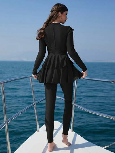 Swim Mulvari طقم بوركيني سيدات لون أحادي مكون من بلوزة بأكمام طويلة وبنطلون طويل