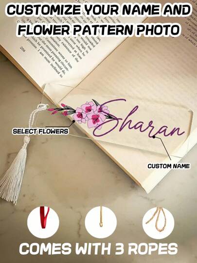 إشارة كتاب شفافة من الاكريليك مخصصة بطباعة اسم وزخرفة زهرية، تتضمن 3 حبال، مناسبة للنساء، الفتيات، الطلاب، المعلمين، رائعة كهدية تخرج أو عيد ميلاد أو عيد ميلاد مجسمة، قرطاسية شخصية فريدة