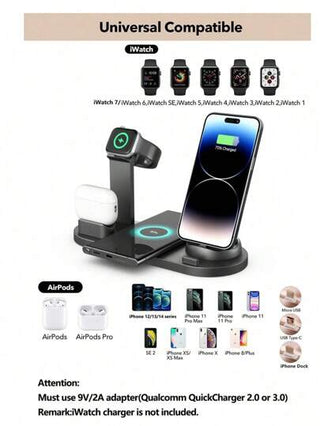 محطة الشحن اللاسلكية 6 في 1 ، شحن لاسلكي 15 واط/7.5 واط/5 واط ، محور شحن 3 في 1 5 فولت/0-1.5 أمبير كحد أقصى ، شحن سماعات الاذن 3 واط ، بكابل USB طوله 43.3 بوصة ، محطة شحن متعددة الأجهزة سريعة ، شاحن لاسلكي للمكتب، منظم شحن للطاولة ، متوافق مع الهواتف 16،