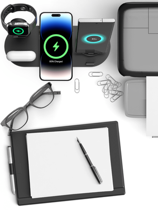 محطة الشحن اللاسلكية 6 في 1 ، شحن لاسلكي 15 واط/7.5 واط/5 واط ، محور شحن 3 في 1 5 فولت/0-1.5 أمبير كحد أقصى ، شحن سماعات الاذن 3 واط ، بكابل USB طوله 43.3 بوصة ، محطة شحن متعددة الأجهزة سريعة ، شاحن لاسلكي للمكتب، منظم شحن للطاولة ، متوافق مع الهواتف 16،