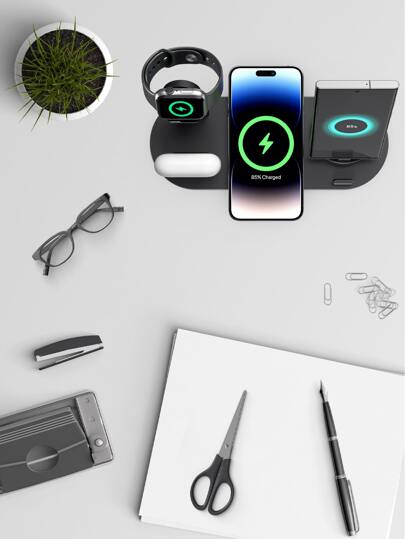 محطة الشحن اللاسلكية 6 في 1 ، شحن لاسلكي 15 واط/7.5 واط/5 واط ، محور شحن 3 في 1 5 فولت/0-1.5 أمبير كحد أقصى ، شحن سماعات الاذن 3 واط ، بكابل USB طوله 43.3 بوصة ، محطة شحن متعددة الأجهزة سريعة ، شاحن لاسلكي للمكتب، منظم شحن للطاولة ، متوافق مع الهواتف 16،