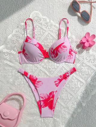 طقم تانكيني حريمي Swim Mod طقم بيكيني الباحة شريط رفيع مزخرف بنقش الزهور للنساء