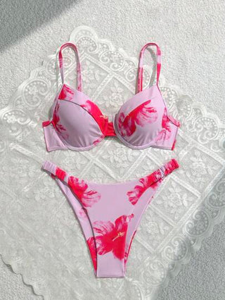 طقم تانكيني حريمي Swim Mod طقم بيكيني الباحة شريط رفيع مزخرف بنقش الزهور للنساء