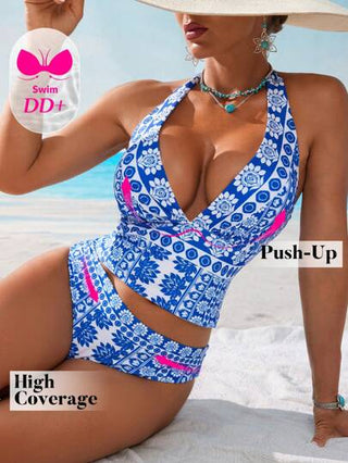طقم تانكيني حريمي Swim DD+ بيكيني للسيدات، عميق الرقبة، قابل للتعديل، مناسب للصدر الكبير DD+، قطعتان بطبعة أزياء للشاطئ والإجازة