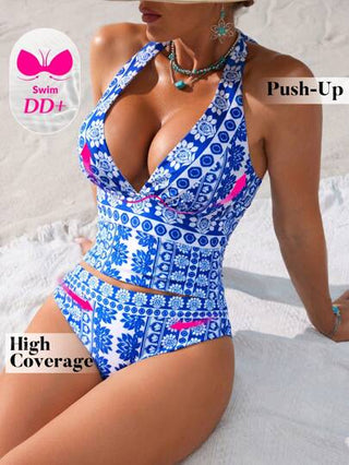 طقم تانكيني حريمي Swim DD+ بيكيني للسيدات، عميق الرقبة، قابل للتعديل، مناسب للصدر الكبير DD+، قطعتان بطبعة أزياء للشاطئ والإجازة