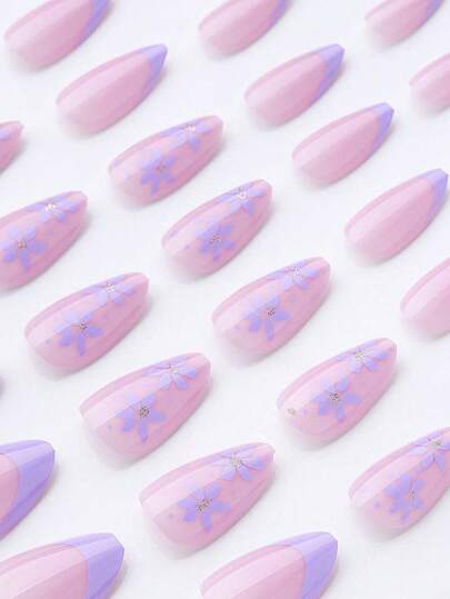 24 قطعة أظافر لاصقة مصنوعة من الأكريليك بشكل اللوز، بأظافر بنفسجية تصميم فرنسي مع زهور، مستلزمات الأظافر بطراز بسيط وطازج، أظافر مزيفة، طقم أظافر هلامية للاستعمال اليومي
