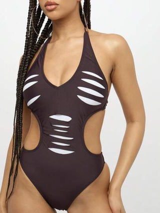 مايوه حريمي قطعة واحدة SUMWON WOMEN بدلة سباحة قطعة واحدة زخرفة مبهرجة ذات تقطيعات، بياقة حول الرقبة، ملابس شاطئ مثيرة للصيف