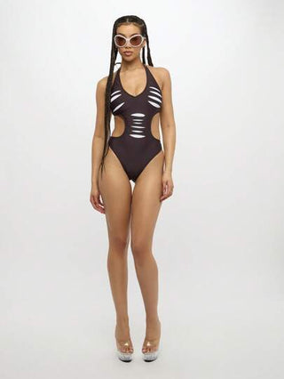 مايوه حريمي قطعة واحدة SUMWON WOMEN بدلة سباحة قطعة واحدة زخرفة مبهرجة ذات تقطيعات، بياقة حول الرقبة، ملابس شاطئ مثيرة للصيف