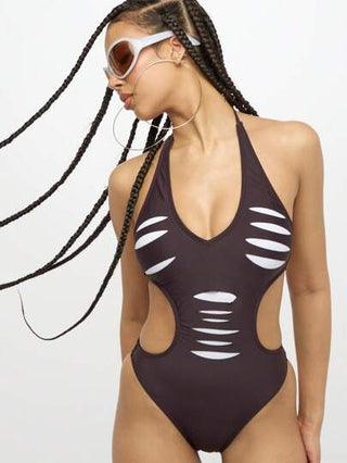 مايوه حريمي قطعة واحدة SUMWON WOMEN بدلة سباحة قطعة واحدة زخرفة مبهرجة ذات تقطيعات، بياقة حول الرقبة، ملابس شاطئ مثيرة للصيف