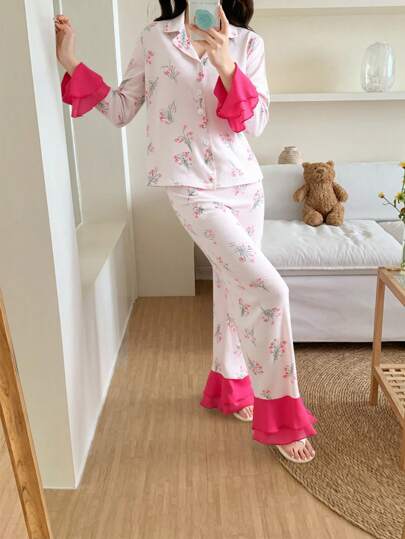 بيجاما طقم ملابس علوية بأكمام طويلة وبنطال مطبوع بزهور صغيرة لفتيات المراهقات، مريح وفضفاض، 2 قطع
