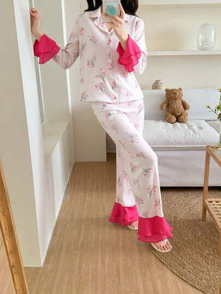 بيجاما طقم ملابس علوية بأكمام طويلة وبنطال مطبوع بزهور صغيرة لفتيات المراهقات، مريح وفضفاض، 2 قطع