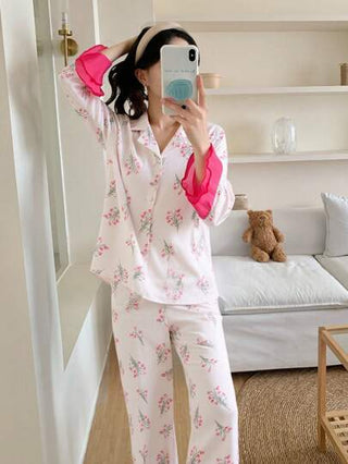 بيجاما طقم ملابس علوية بأكمام طويلة وبنطال مطبوع بزهور صغيرة لفتيات المراهقات، مريح وفضفاض، 2 قطع