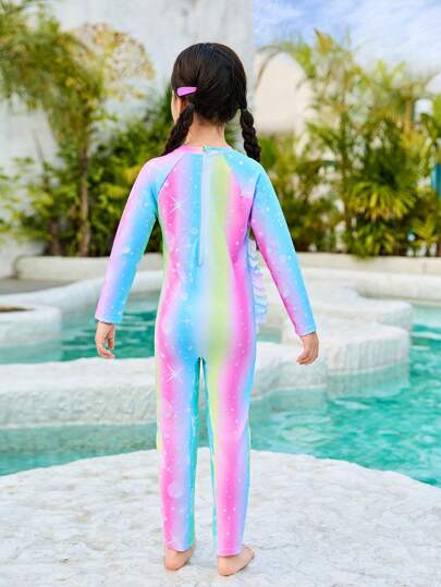بدلة سباحة فتيات صغيرات بتصميم وحيد القرن مع أكمام طويلة ملونة وجميلة، بدلة سباحة أطفال رياضية ذات أكمام طويلة، بدلة سباحة قطعة واحدة لفتيات صغيرات للعطلات الشاطئية