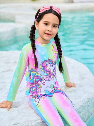 بدلة سباحة فتيات صغيرات بتصميم وحيد القرن مع أكمام طويلة ملونة وجميلة، بدلة سباحة أطفال رياضية ذات أكمام طويلة، بدلة سباحة قطعة واحدة لفتيات صغيرات للعطلات الشاطئية