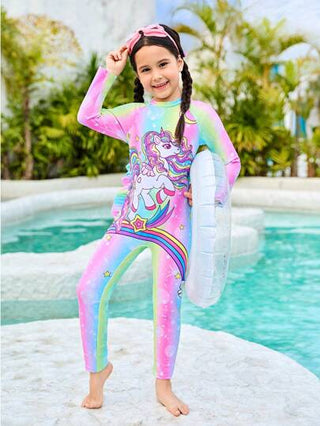 بدلة سباحة فتيات صغيرات بتصميم وحيد القرن مع أكمام طويلة ملونة وجميلة، بدلة سباحة أطفال رياضية ذات أكمام طويلة، بدلة سباحة قطعة واحدة لفتيات صغيرات للعطلات الشاطئية