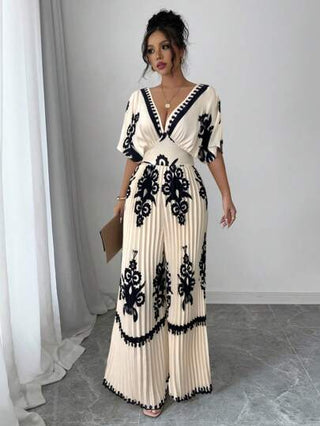 Tall جمبسوت قفزة نسائية ذات أكمام خفاش وياقة V عميقة، ومطوية، مناسبة للعطلات