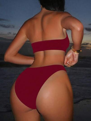 Swim SXY أزياء شاطئية صيفية للنساء، بكيني أحمر أحادي اللون مثير بدون أكمام مع قبعة شمس