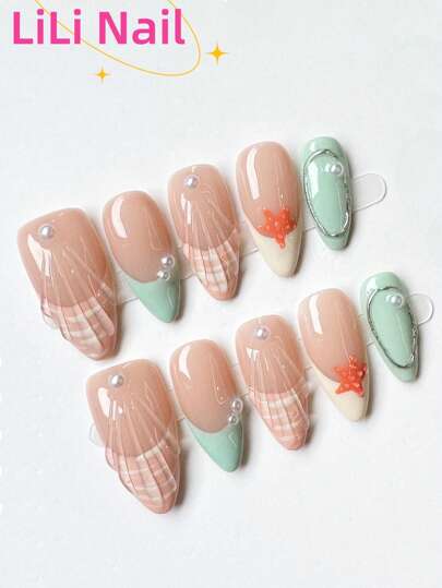 10 قطعة أظافر مصنوعة يدويًا بشكل لوز، أظافر خضراء، أظافر عارية، أظافر بتصميم بسيط للصدف، مناكير فرنسي، شغف الصيف، أظافر وهمية كاملة التغطية للربيع والصيف والخريف والشتاء، مستلزمات فن الأظافر المنزلية DIY، مستلزمات فن الأظافر، قابلة للإزالة وإعادة...